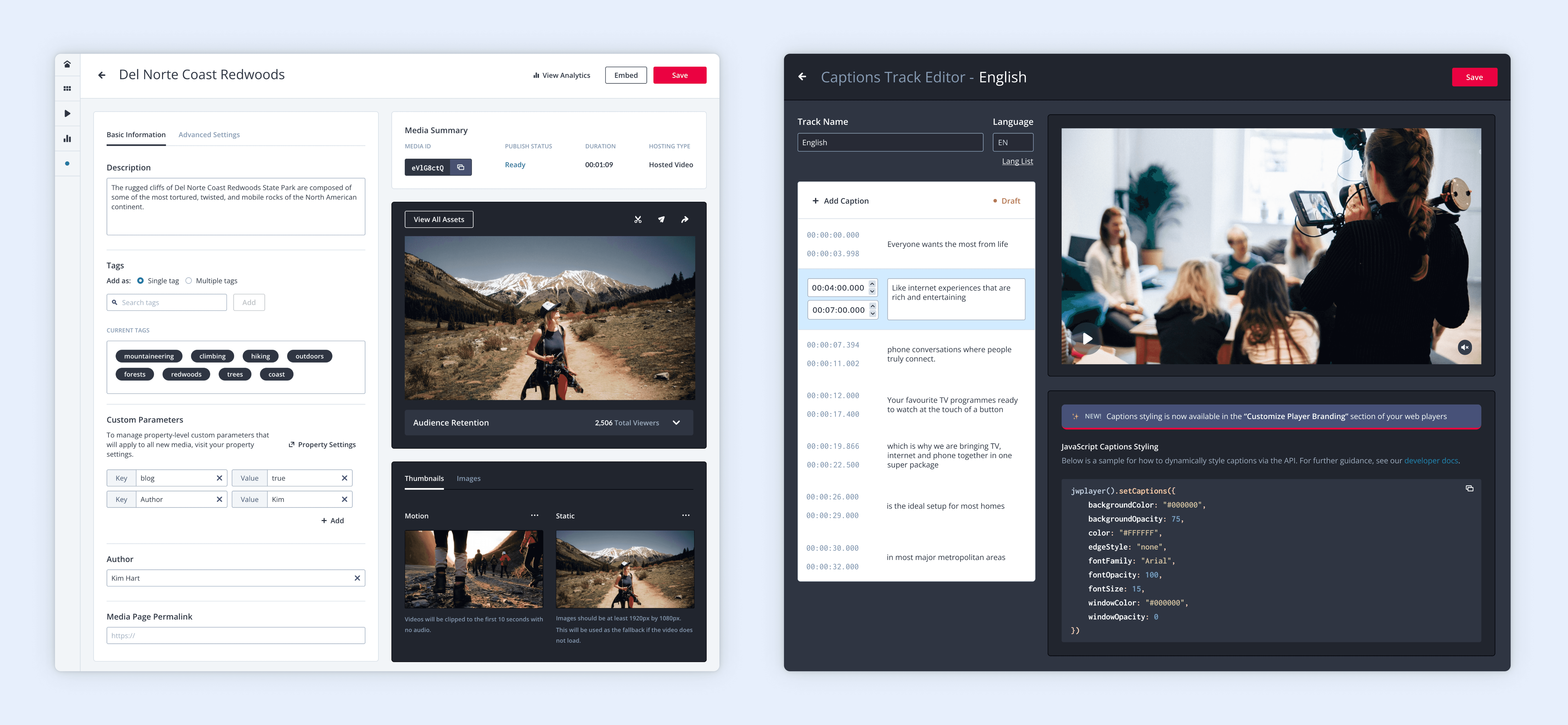 Product shots of JWP dashboard media page and tracks editing tool